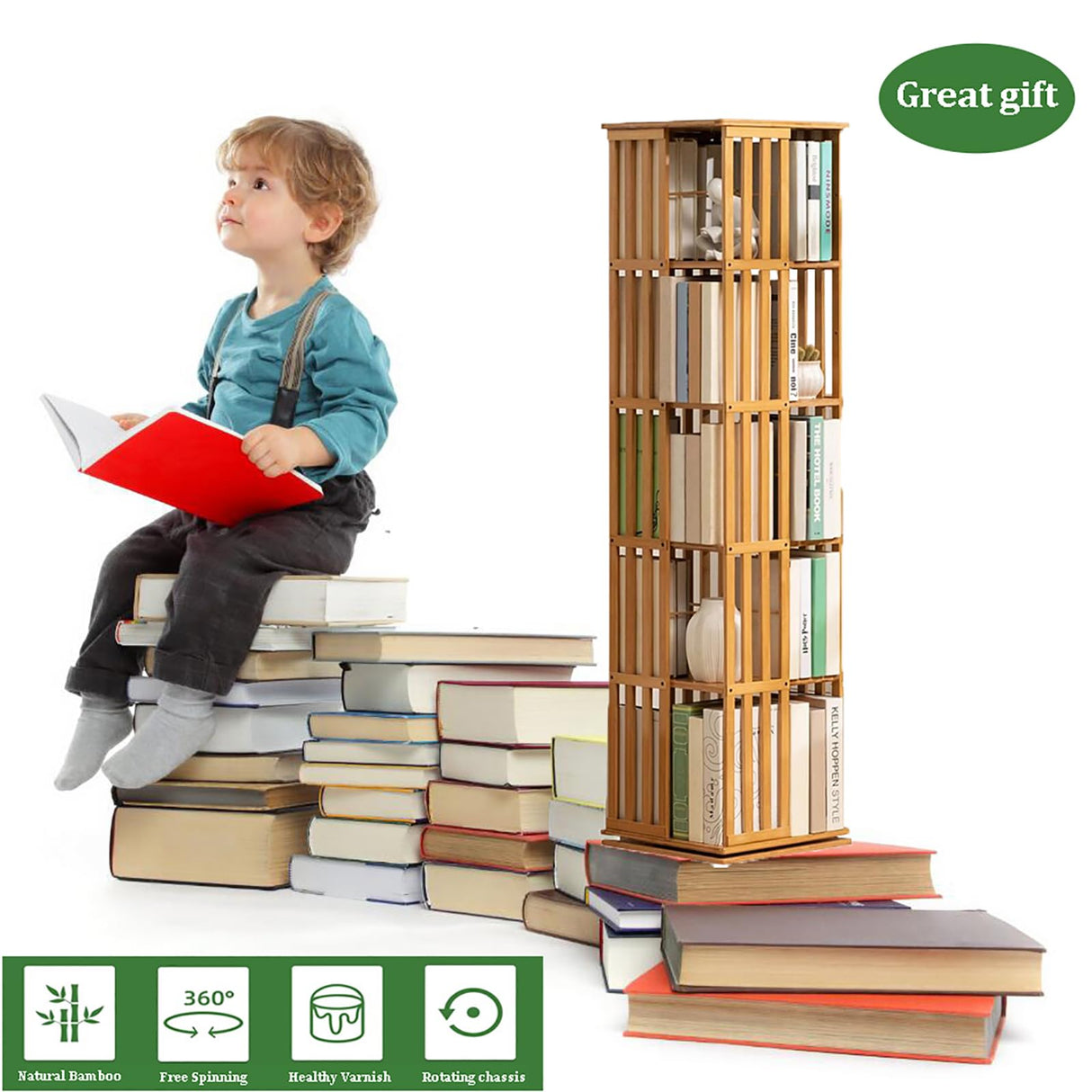 SUZEPER 5 Tier 360° Rotating Bookshelf,Bamboo Bookshelf Floor Standing Storage Rack,Wood Narrow Book Shelf Organizer for Living Room Study Room Office(37x37x149cm(15x15x59inch), Walnut) SUZEPER