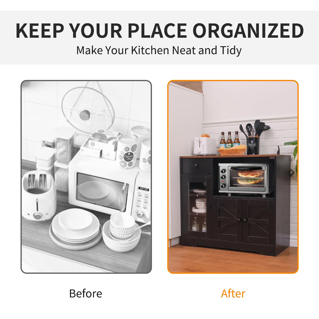 Walmokid Storage Cabinet with Power Outlet, 35" Modern Sideboard Buffet Cabinet w/Adjustable Shelf, Wooden Kitchen Cabinet with Open Shelves for Living Room, Dining Room, Kitchen, Black Walmokid