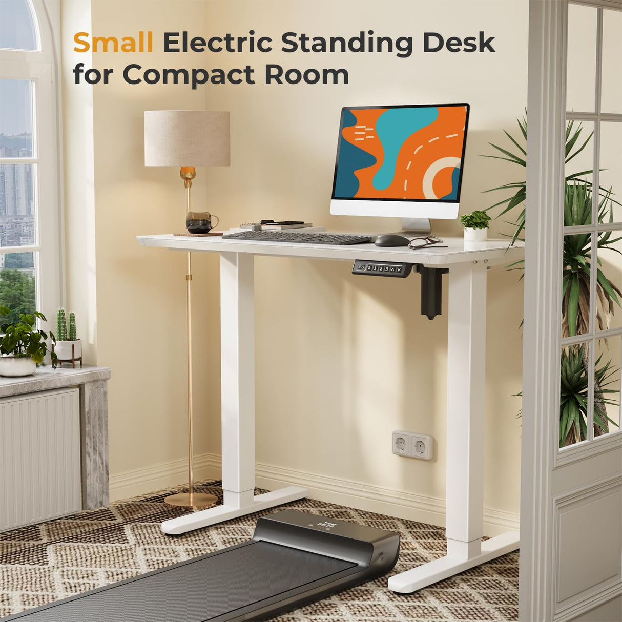 JOY worker Small Glass Standing Desk, 35" x 20" Electric Whole Piece Height Adjustable Desk with 4 Lockable Casters, Mobile White Sit to Stand Desk Workstation for Home Office JOY worker