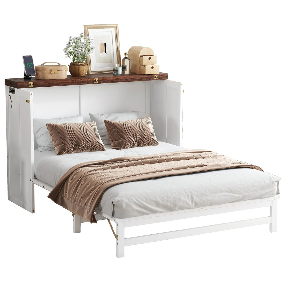 DaiNNCN Cabinet Murphy Bed with Storage Drawer and Charging Station,Cube Foldable Platform Bed,Space-Saving for Living Room,No Box Spring Needed,Full Size,White+Walnut DaiNNCN