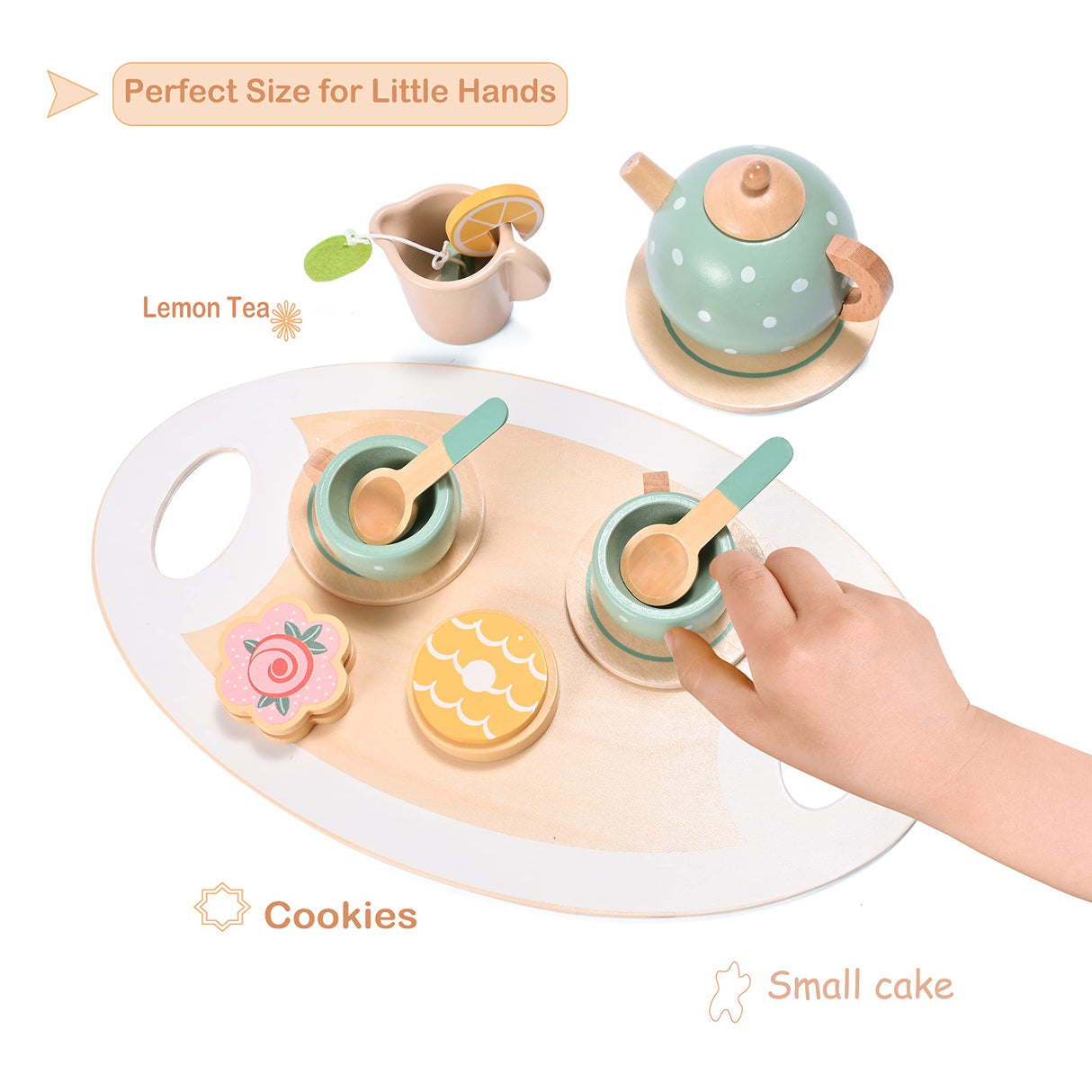 15pcs Wooden Tea Set for Little Girls, MONT PLEASANT Wooden Toys, Toddler Tea Set Play Kitchen Accessories Play Food playset for Kids Tea Party MONT PLEASANT