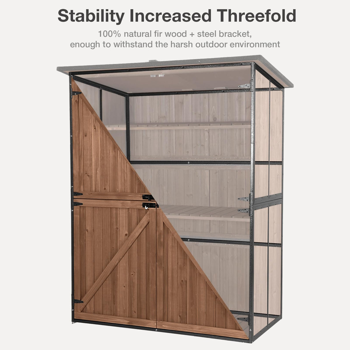 MEDEHOO Outdoor Storage Shed with Floor - Waterproof Natural Fir Cabinet with Adjustable Shelves and Double Lock for Anti-Theft - Suitable for Storing Garden Tools, and Household Debris (Deep Brown) MEDEHOO