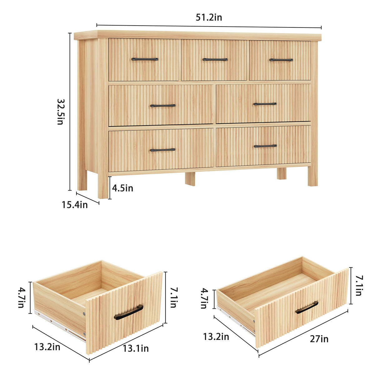 Jocoevol Fluted 7 Drawers Dresser for Bedroom, Boho Chest of Drawers with Metal Handle, Wood Dresser TV Stand, Wooden Closet Clothes Storage Organizer for Living Room, Hallway (Natural Oak) Jocoevol