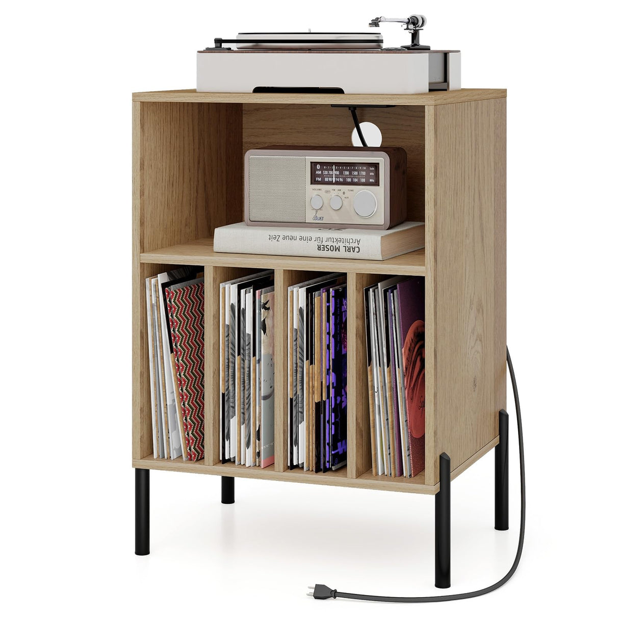 Giantex Record Player Stand with Charging Station, Turntable Stand with Storage Cabinet, Record Player Shelf with Metal Legs, Vinyl Record Storage up to 150 Albums for Living Room, Bedroom (Natural) Giantex
