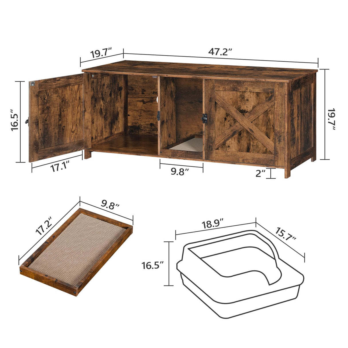 MAHANCRIS Cat Litter Box Enclosure for 2 Cats, 47.2" Hidden Cat Litter Box Furniture with Double Room, Wooden Cat Washroom with Scratching Board, Indoor Cat House End Table, Rustic Brown CWHR1201 MAHANCRIS