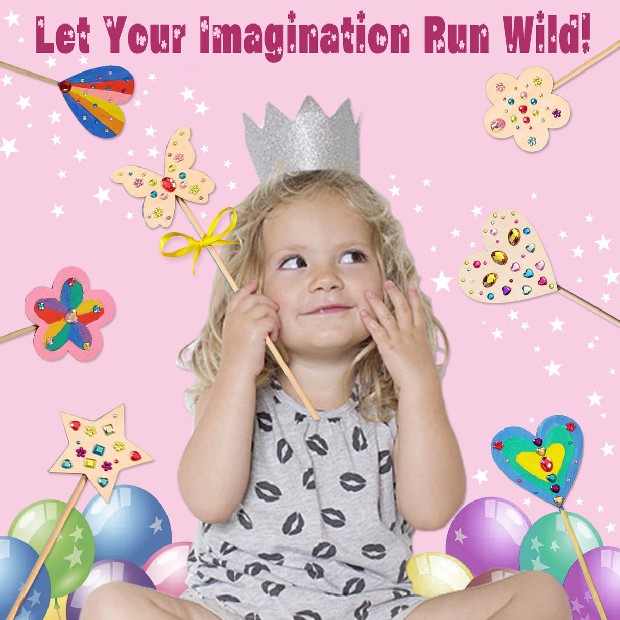 WUBOMJIO Princess Fairy Wands Craft Kit, Kid Birthday Party Supplies Make Your Own Magic Wands Include Unfinished Wooden Fairy Wands, Gem Stickers, Ribbons, Ideal for Kids 6+(14 PCS) WUBOMJIO