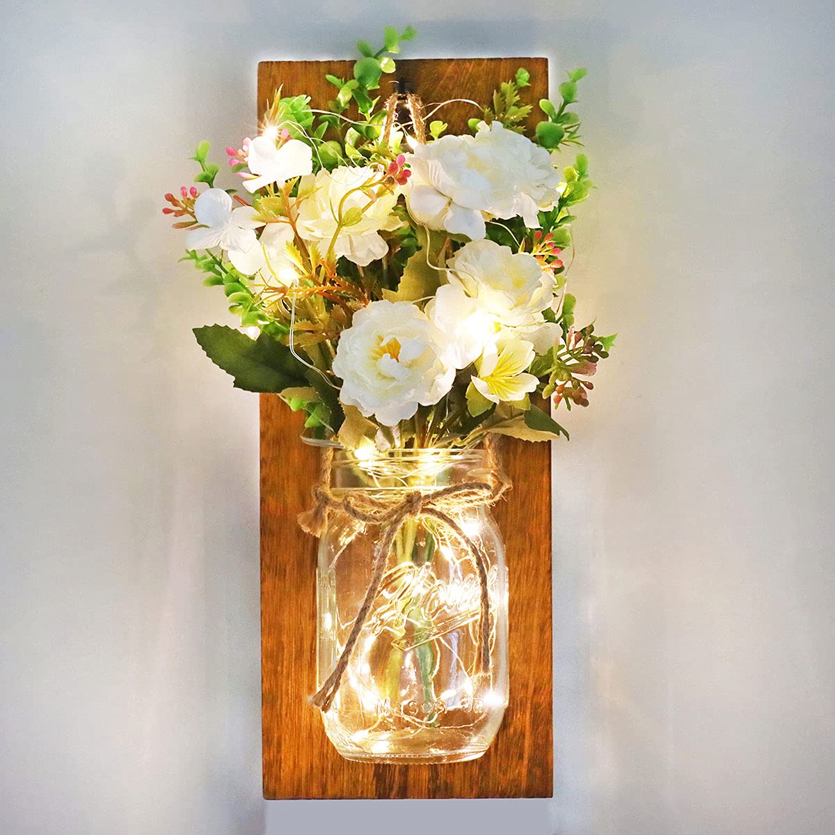Rustic Home Decor Mason Jar Wall Sconces, Timer Led Fairy Lights and Flowers, Handmade Wood Art Goods Decor, Farmhouse Wall Decorations for Bathroom and Living Room - Set of 2 OCTMUSTARD