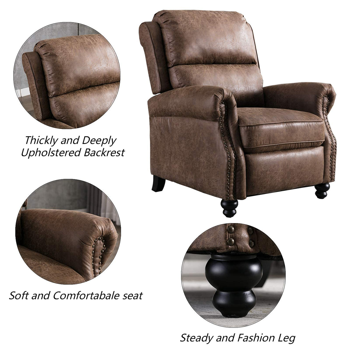 CANMOV Pushback Recliner Chair Faux Leather Armchair Push Back Recliner with Rivet Decoration Single Sofa Accent Chair for Living Room, Chocolate CANMOV