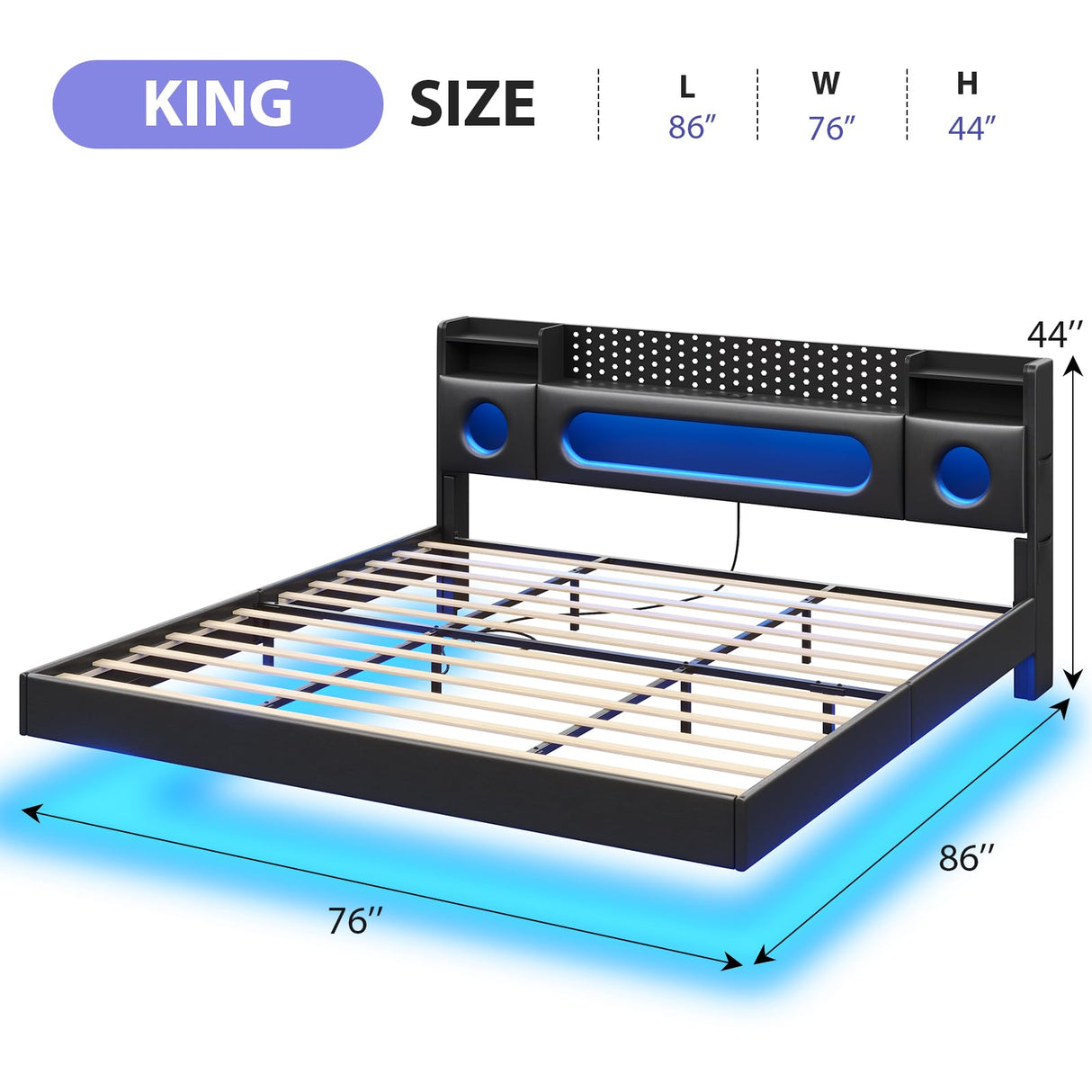 busyaeh Floating Bed Frame King with Storage & Headboard, Platform Frame with LED Lights, Upholstered King Size Floating Bed with Headboard, No Box Spring Needed, Noise-Free, Easy Assembly, PU Black busyaeh