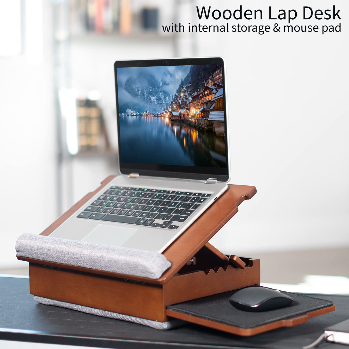SideKiix Wooden Tilting Lap Desk for Writing, Drawing, Laptop Work, and More, Height Adjustable Compact Table with Slide-Out Mouse Pad, Internal Storage, Wrist Support, Dark Wood, SX-LAPD-1 Sidekiix