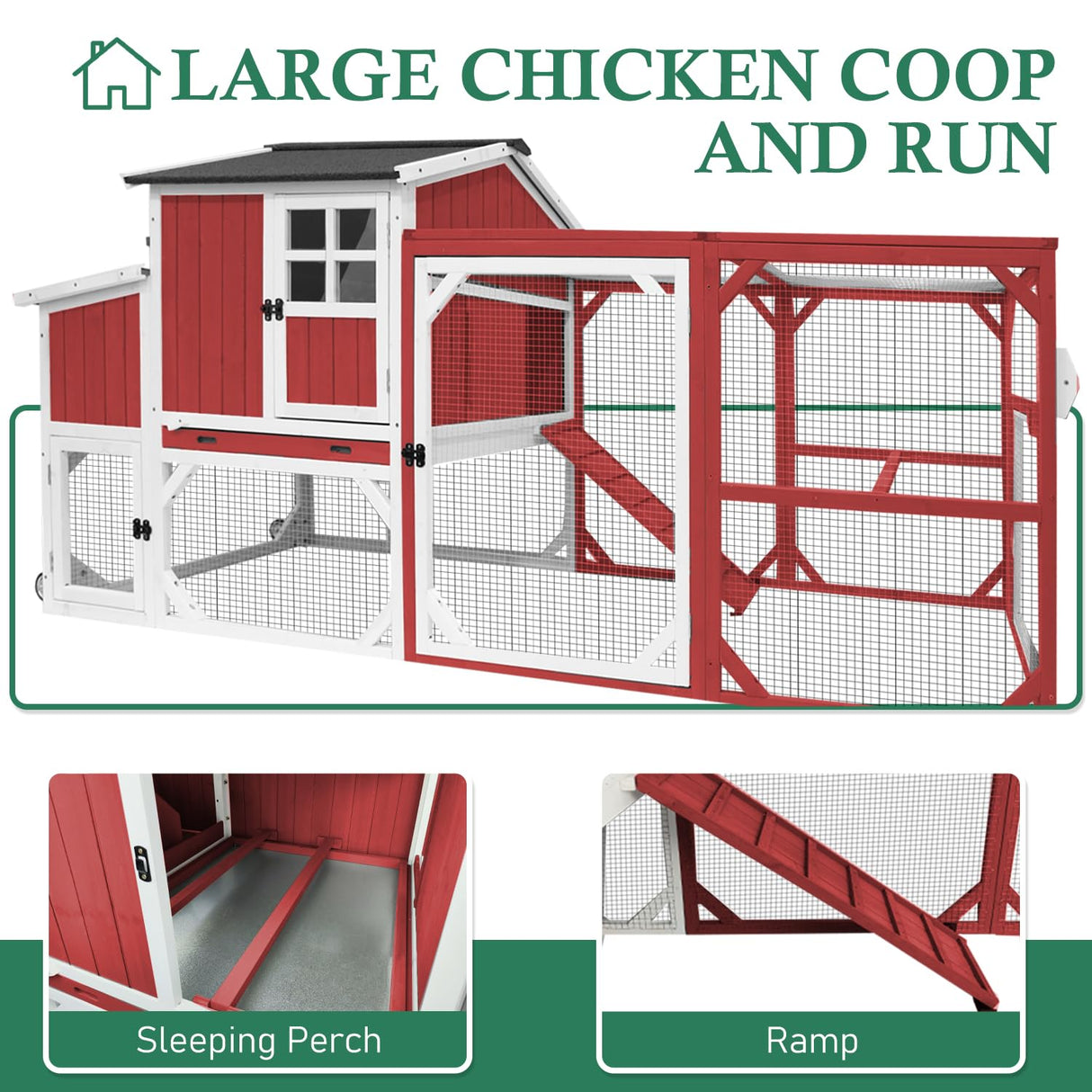 Magazoopet 95.3" Large Chicken Coop with Run, Tractor Hen Chicken House with 3 Nesting Boxes, Portable Duck Rabbit Quail Hutch Poultry Cage for 4-6 Chickens with 6 Access,Pull-Out Tra (Red) Magazoopet