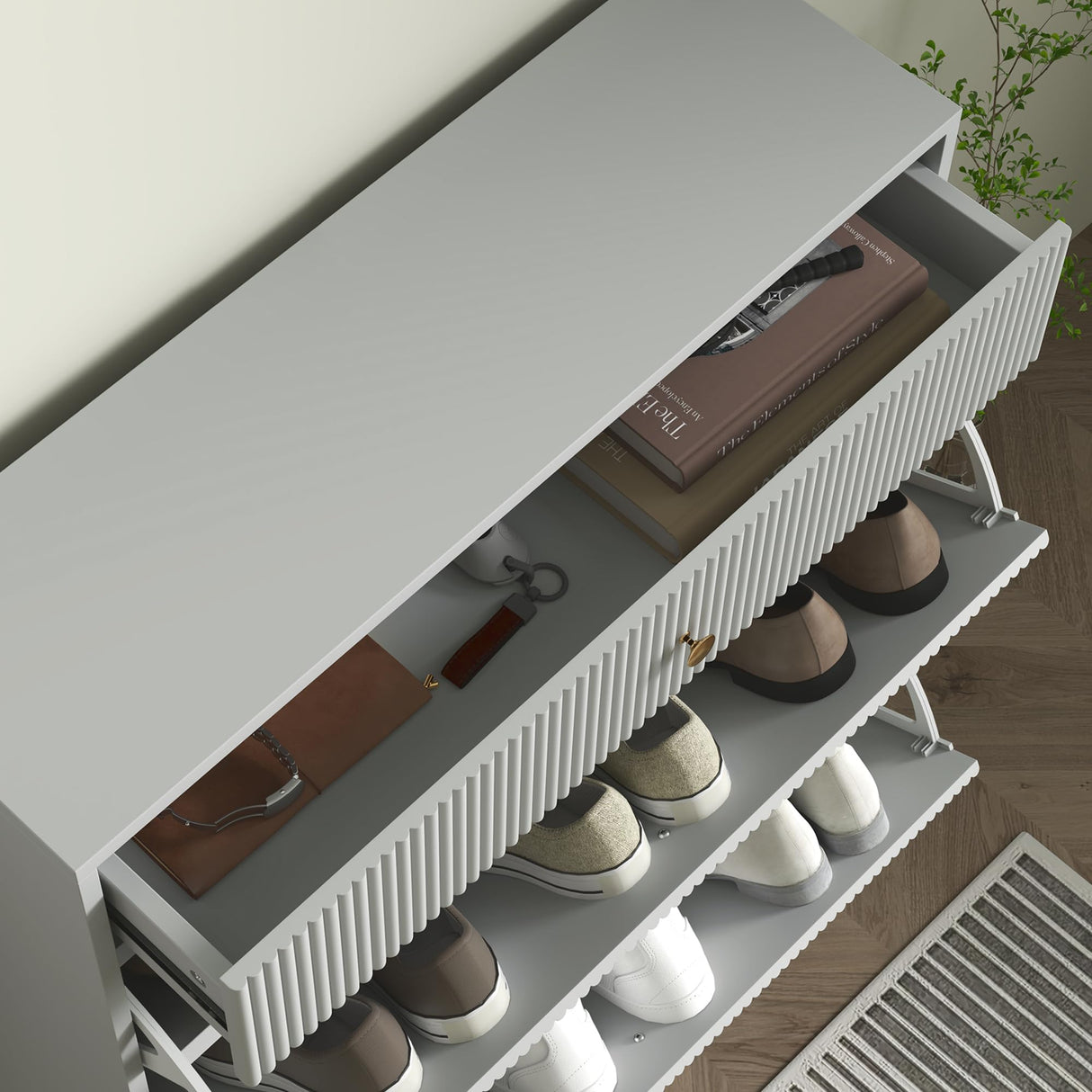 HOMCOM Narrow Shoe Cabinet with 2 Flip Drawers, Modern Shoe Storage Cabinet with Wave-Like Panels and Adjustable Shelves for 12 Pairs of Shoes, for Entryway Hallway, Gray HOMCOM