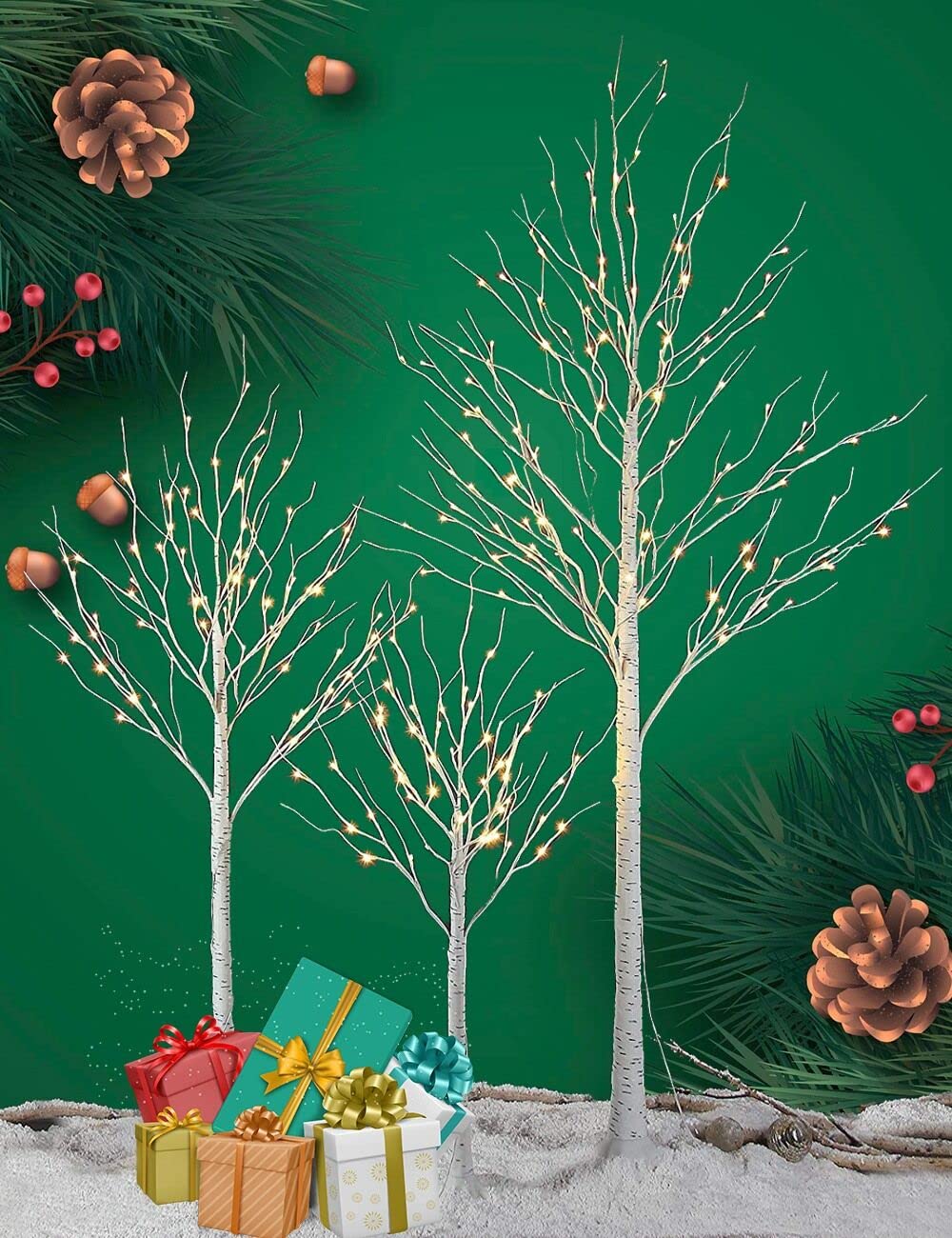 LIGHTSHARE 4 feet 6 feet and 8 Feet Birch Tree,Warm White, for Home,Pack of 3, Festival, Party, and Christmas Decoration, Indoor and Outdoor Use LIGHTSHARE