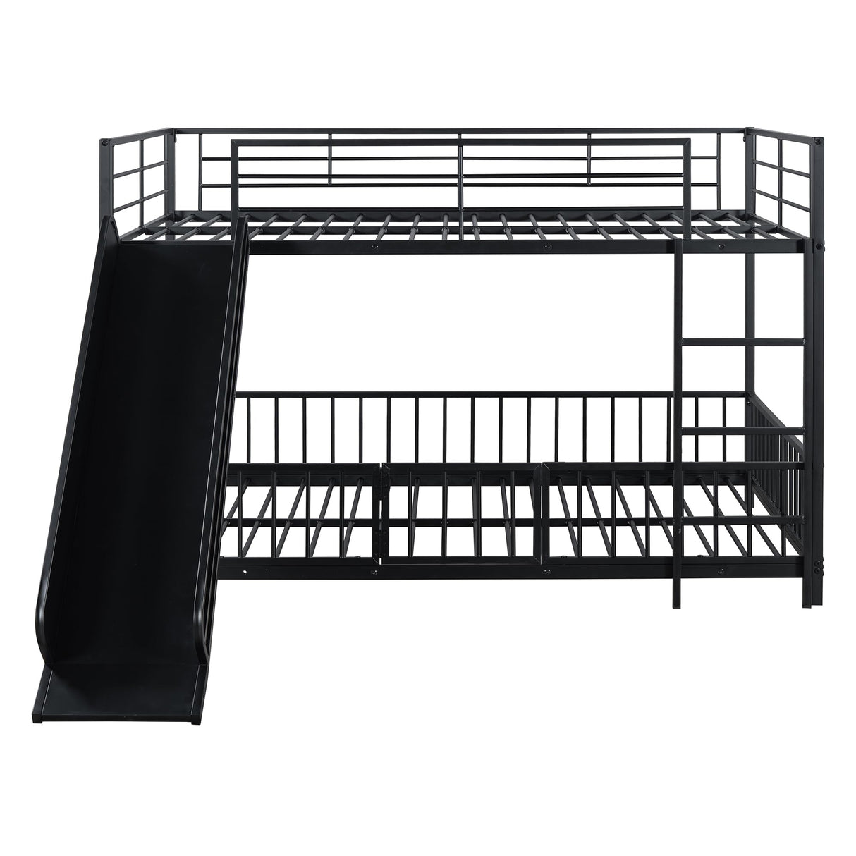 Bellemave Full Over Full Bunk Bed with Slide and Ladder, Metal Bunk Bed for Kids, Girls, Boys, Removable Fence, Low Bunk Bed with Slide, with Door, Black Bellemave