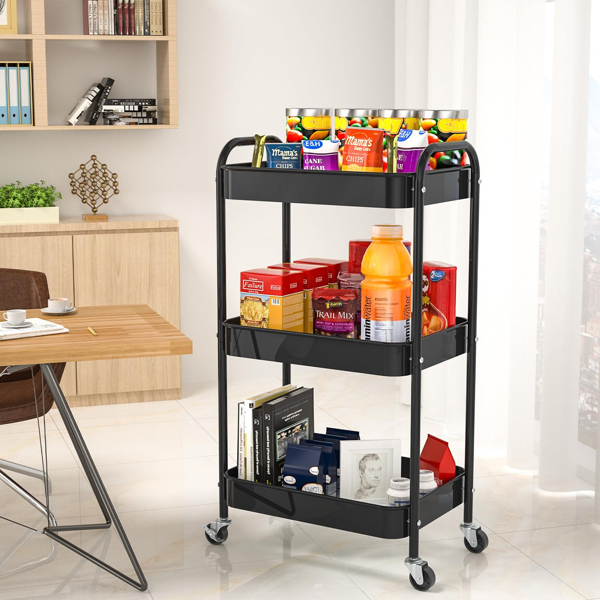 PNVXNUS 3-Tier Rolling Metal Storage Cart with Wheels, Multi-Functional Organizer for Office, Kitchen, Bathroom, Books Diapers - Easy Assembly (Black) PNVXNUS
