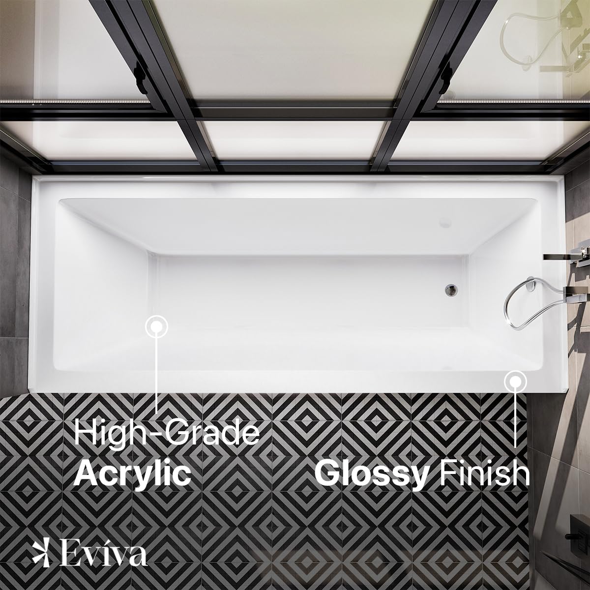 Eviva 60" Bath Tub - White Acrylic Rectangular Soaking Bathtubs Contemporary Soaking Tub - White Bathtub with Chrome Right-Hand Drain - Elegent Bathtubs (Chrome pop-up Drain Included) Eviva