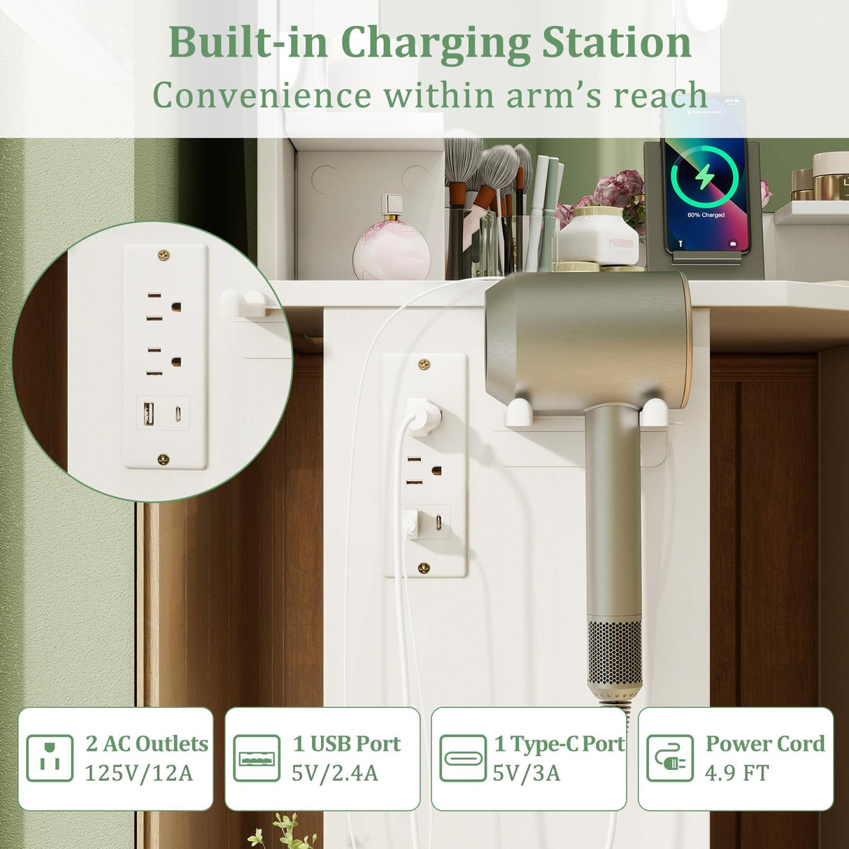 CHARMAID Corner Vanity Desk with Mirror and Lights, White Makeup Vanity Table with 5 Drawers, Storage Shelves, Charging Station, 3 Lighting Modes, Compact Vanity Dressing Table for Small Space CHARMAID