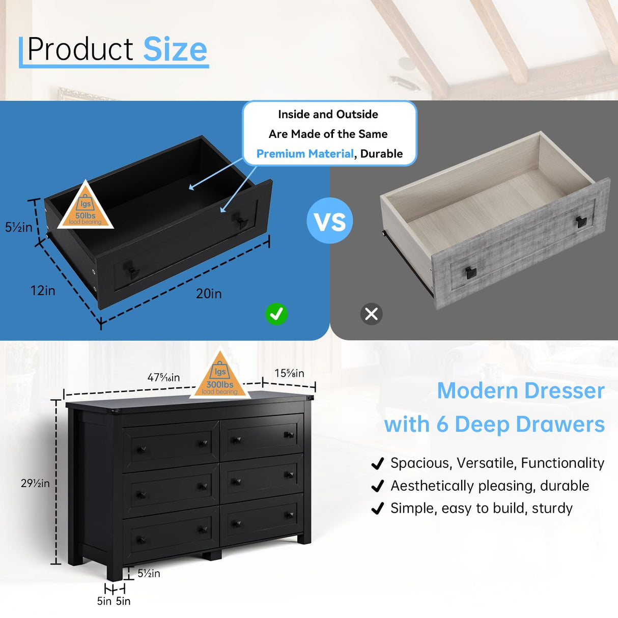 HUANLEGO Black Dresser for Bedroom with 6 Drawers, Modern Chest of Drawers, Wood Dressers Bedroom Furniture Wide Storage Drawers Dressers Organizer for Closet, Living Room, Hallway HUANLEGO