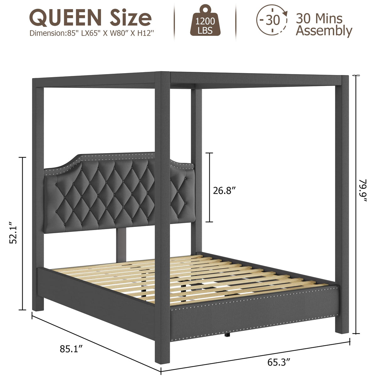 IDEALHOUSE Queen Size Canopy Bed Frame with Nailhead Decoration Headboard,Upholstered Bed Frame with Poles 4 Corner Bed Bracket,Solid Wood Slats Support,No Box Spring Needed,Noise Free,Gray IDEALHOUSE