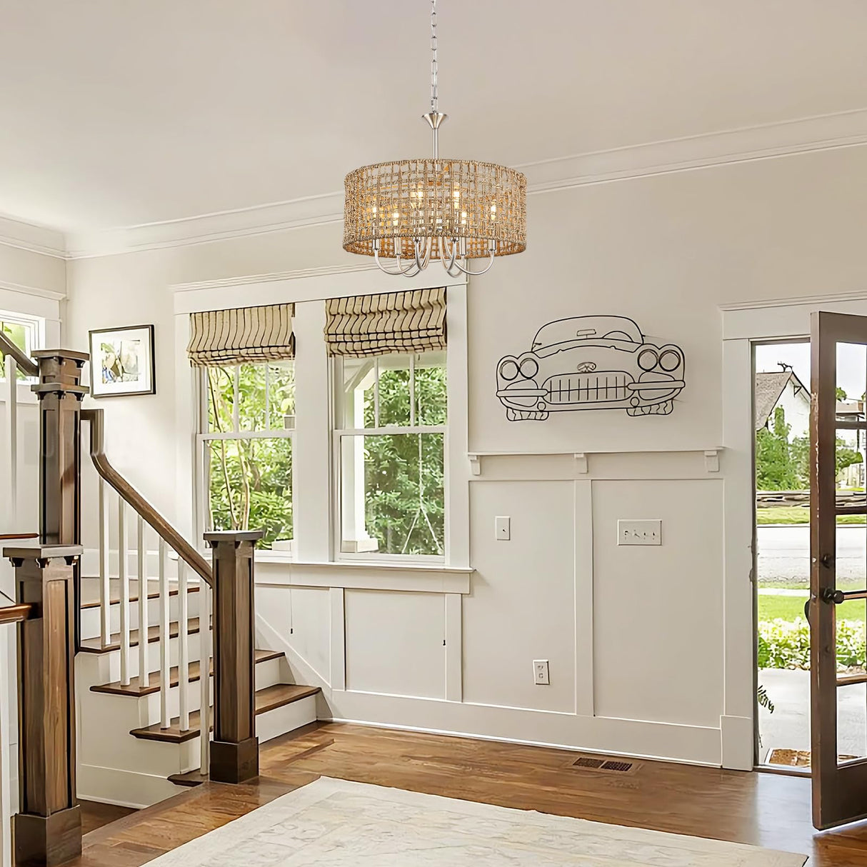 LynPon 17.7" Brushed Nickel Boho Rattan Chandeliers for Dining Room, 6-Light Seagrass Pendant Light Fixtures with Hand Woven Wicker Shade, Farmhouse Drum Chandelier for Living Room Kitchen Hallway LynPon