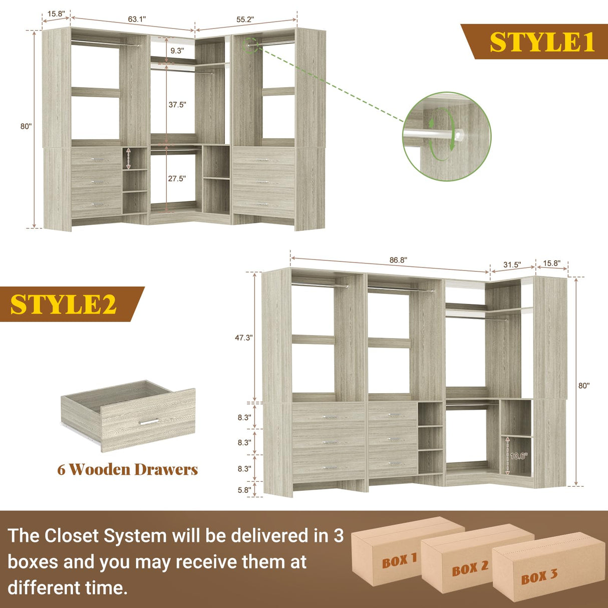 Aheaplus Closet System with 6 Drawers, 4 Hanging Rods & Corner Tower, Corner Closet System with Hanging, 86.8" L-Shaped Walk-In Wardrobe Organizer, 2000+ lbs Capacity, Set of 3, White Oak Aheaplus