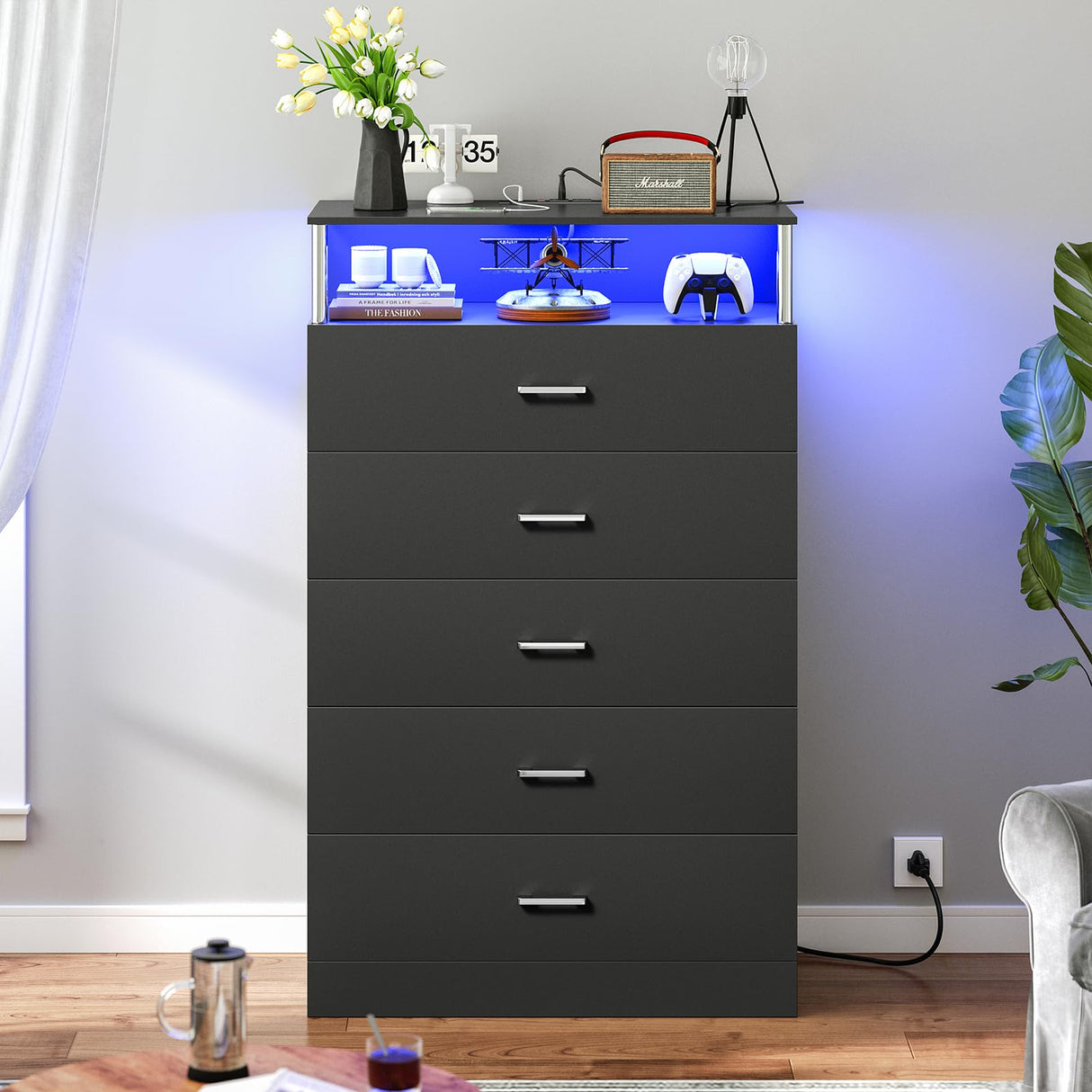 AOGLLATI Black Dresser for Bedroom with Column Design & Charging Station, Led 5 Drawers Tall Dresser for Bedroom,Black AOGLLATI