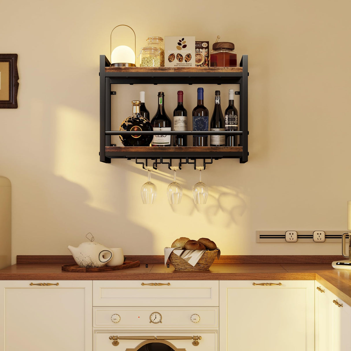 Homeiju Wall Mounted Wine Rack, Bottle & Glass Holder Wood-Metal Retro Wine Rack, Wine Bottles Display Wall Storage for Kitchen Dining Room Home Bar Homeiju