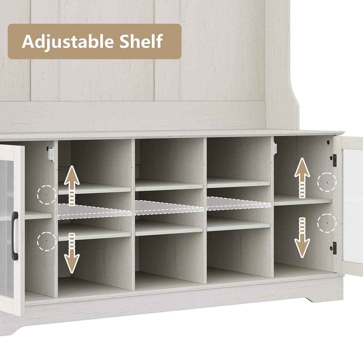 Furnihold 51.3'' Hall Tree, Off White Entryway Bench with Coat Rack, 10 Shoe Storage & 7 Coat Hooks & Adjustable Shelf, Glass Door Farmhouse Wooden Style Hall Tree with Shoe Storage Bench Furnihold