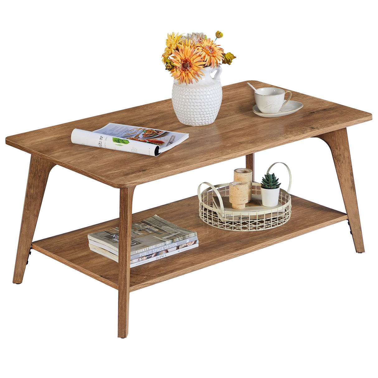 VASAGLE MAEZO Collection - Coffee Table, 2-Tier Center Table with Storage, Tapered Legs, Curved Transitions, 21.7 x 39.4 x 17.7 Inches, Easy to Assemble, for Living Room, Honey Brown ULCT249K01 VASAGLE