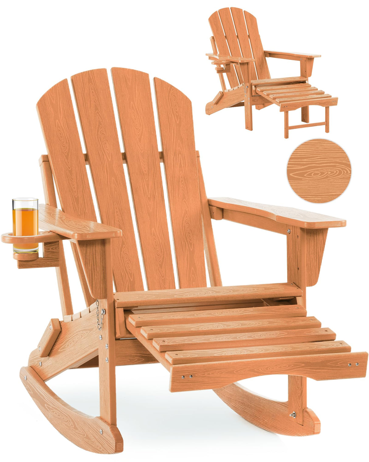 Serique 4-in-1 Multifunctional Folding Adirondack Rocking Chair, Patio Chair with Retractable Ottoman, Outdoor Chair Wood Texture, Lawn Chair for Porch, Backyard, Pool(Teak) Serique