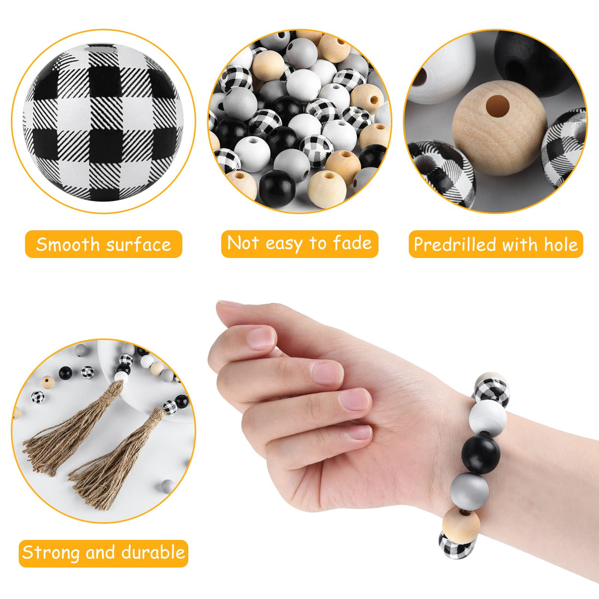 FEPITO 250 Pcs Plaid Wood Beads 16mm Farmhouse Checked Print Wood Beads Natural Buffalo Craft Wood Beads for Decoration Home Decor DIY Craft Supplies FEPITO