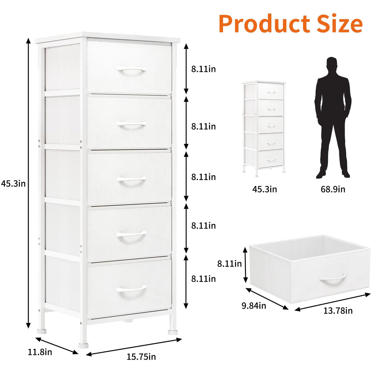 Fixwal White Tall Dresser for Bedroom, Closet Organizers and Storage Tall Fabric Dresser for Closet, Drawer Organizer with 5 Drawers, Bedroom Furniture Fixwal
