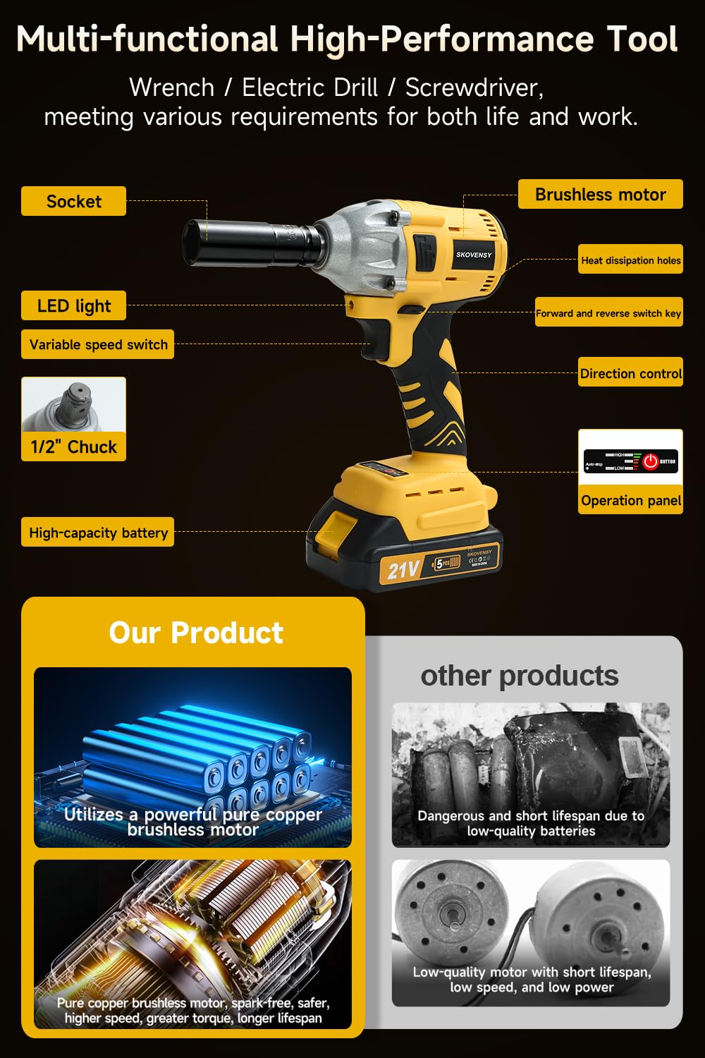 SKOVENSY Cordless Impact Wrench 258Ft-lb(350N.m), 1/2 Impact Gun, 2 Batteries, Pistola de Impacto, with 5 Sockets, Electric Impact Driver for Car Tires and Home YELLOW SKOVENSY