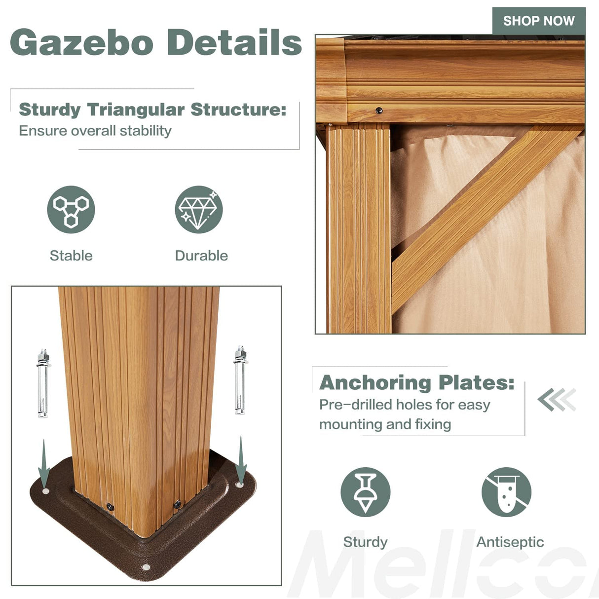 MELLCOM Hardtop Gazebo, 12' x 20' Wooden Finish Coated Aluminum Frame Gazebo with Galvanized Steel Double Roof, Brown Metal Gazebo with Curtains and MELLCOM