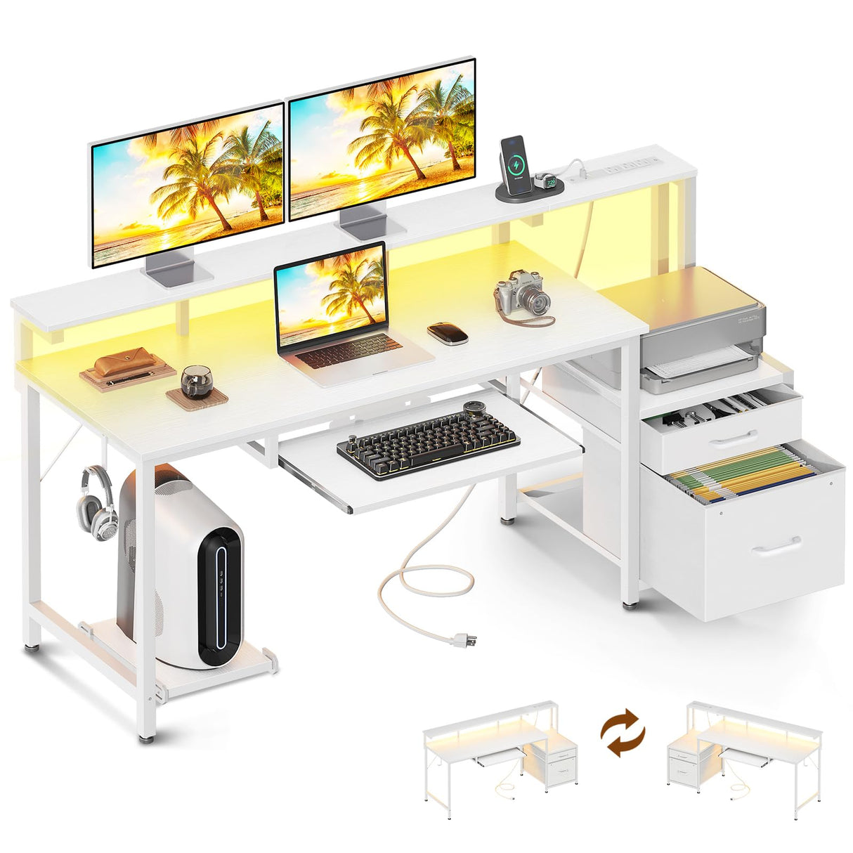 AODK 63" Computer Desk with Fabric File Cabinet and Drawer, Reversible Office Desk with Power Outlet and LED Light, Study Desk with Printer Stand, Keyboard Tray, Full Monitor Riser and PC Stand, White AODK