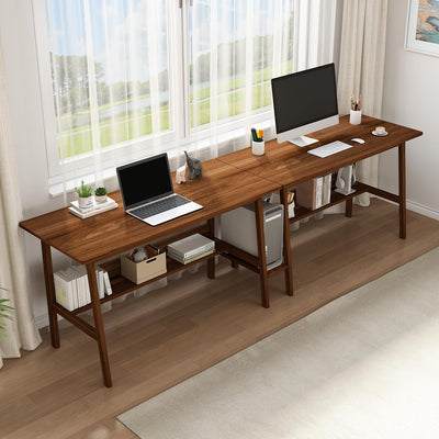 NELYE 2-Person Writing Desk with Bookshelf - 110" Wooden Extra Long Home Office Work Table, Double Study Computer Workstation with Storage Shelves in Walnut, 110" W x 24" D