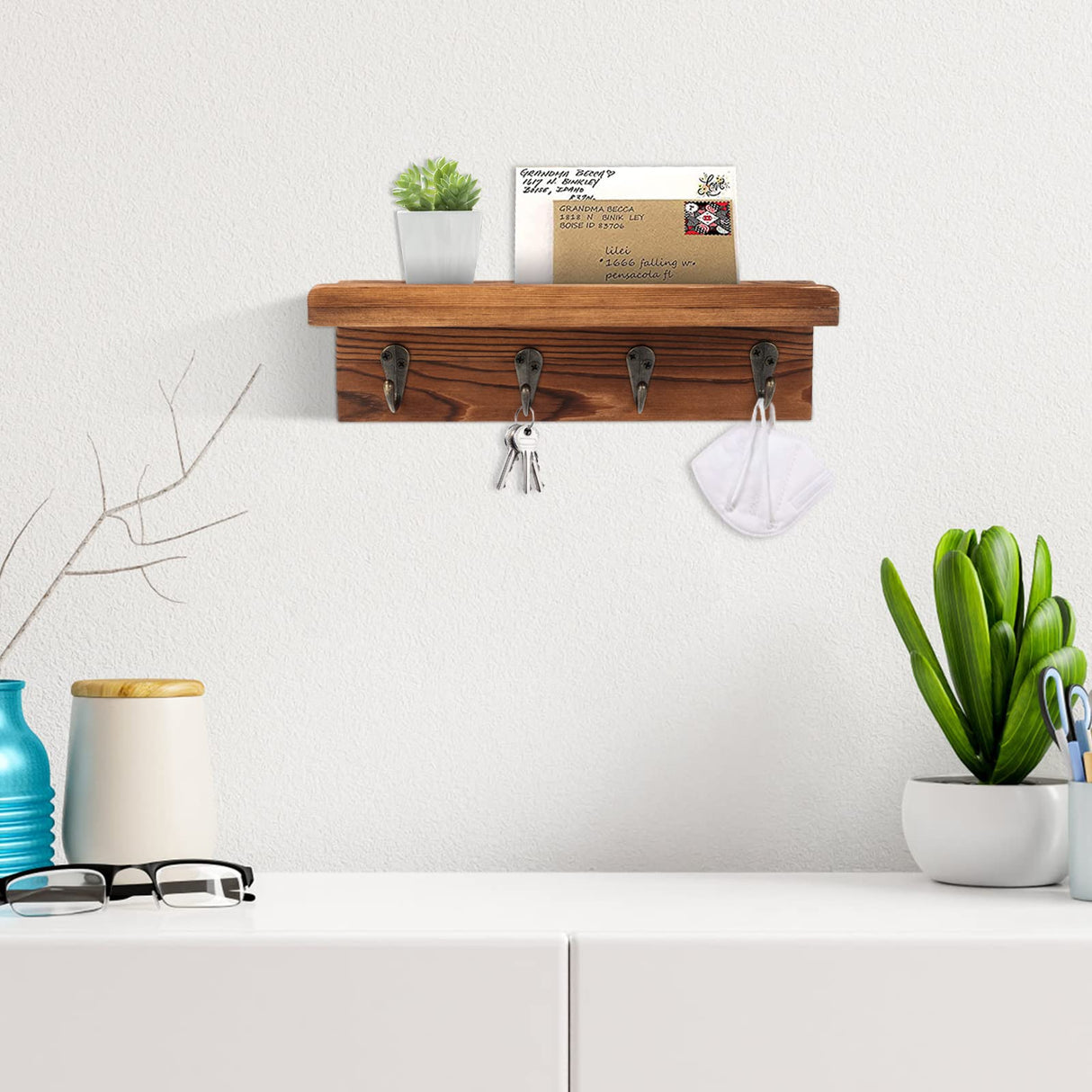 HRONRAD Rustic Key Holder for Wall, Farmhouse Wall Shelf with 4 Hooks, Wall Mounted Key Racks, Wooden Mail Organizer with Hooks for Entryway (Brown - Pine) HRONRAD
