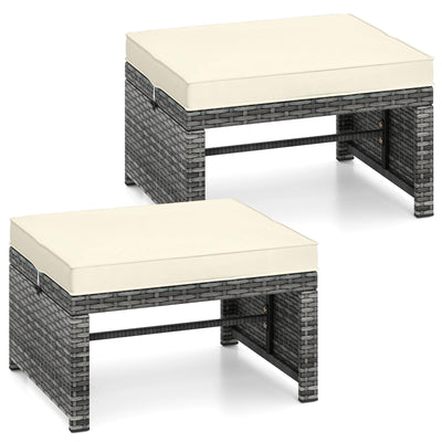 RELAX4LIFE Wicker Outdoor Ottoman Set of 2 - Rattan Footstools Foot Rest w/Removable Cushions, Multipurpose Side Table & Additional Seating, Outdoor Ottomans for Patio Garden Porch (Grey-Off White)