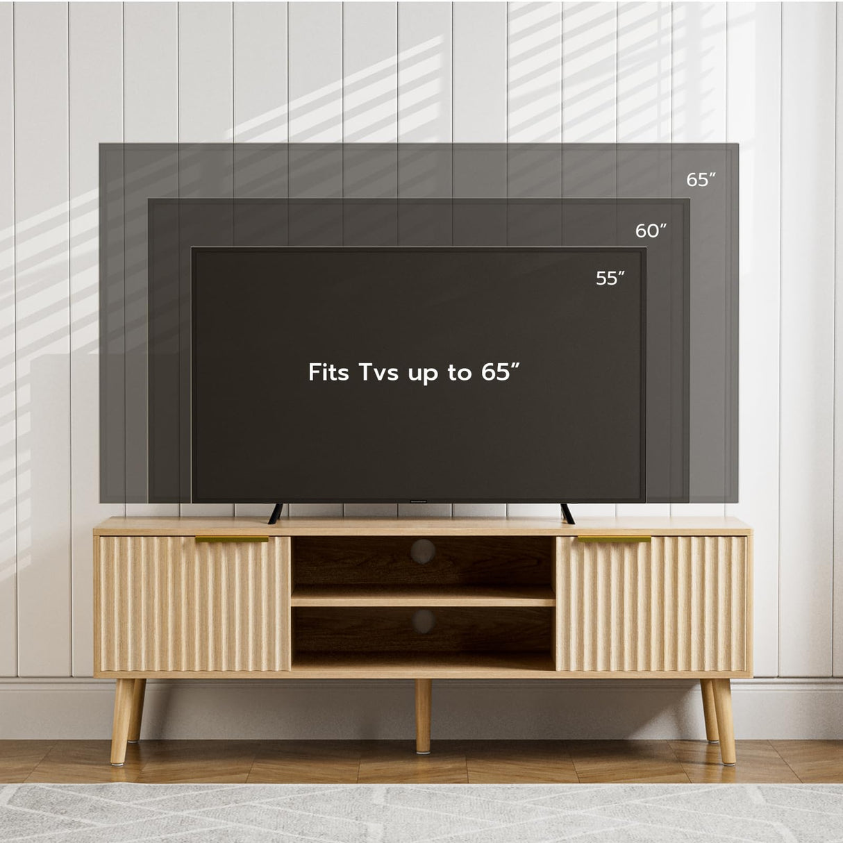 TV Stand for Living Room, Modern Entertainment Center for 55/60/65 inch TVs, Media Consol with Fluted Door Cabinets and Open Shelves, for Bedroom, Oak LCRBOL