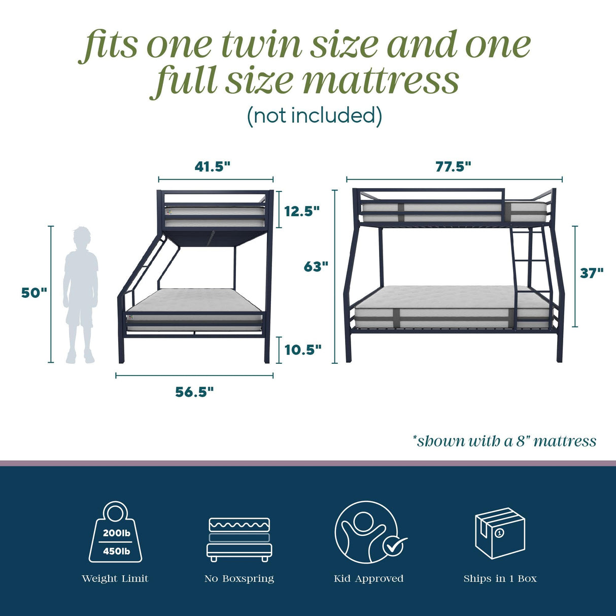 Novogratz Maxwell Twin-Over-Full Metal Bunk Bed with Ladder and Guardrails, Navy Blue Novogratz