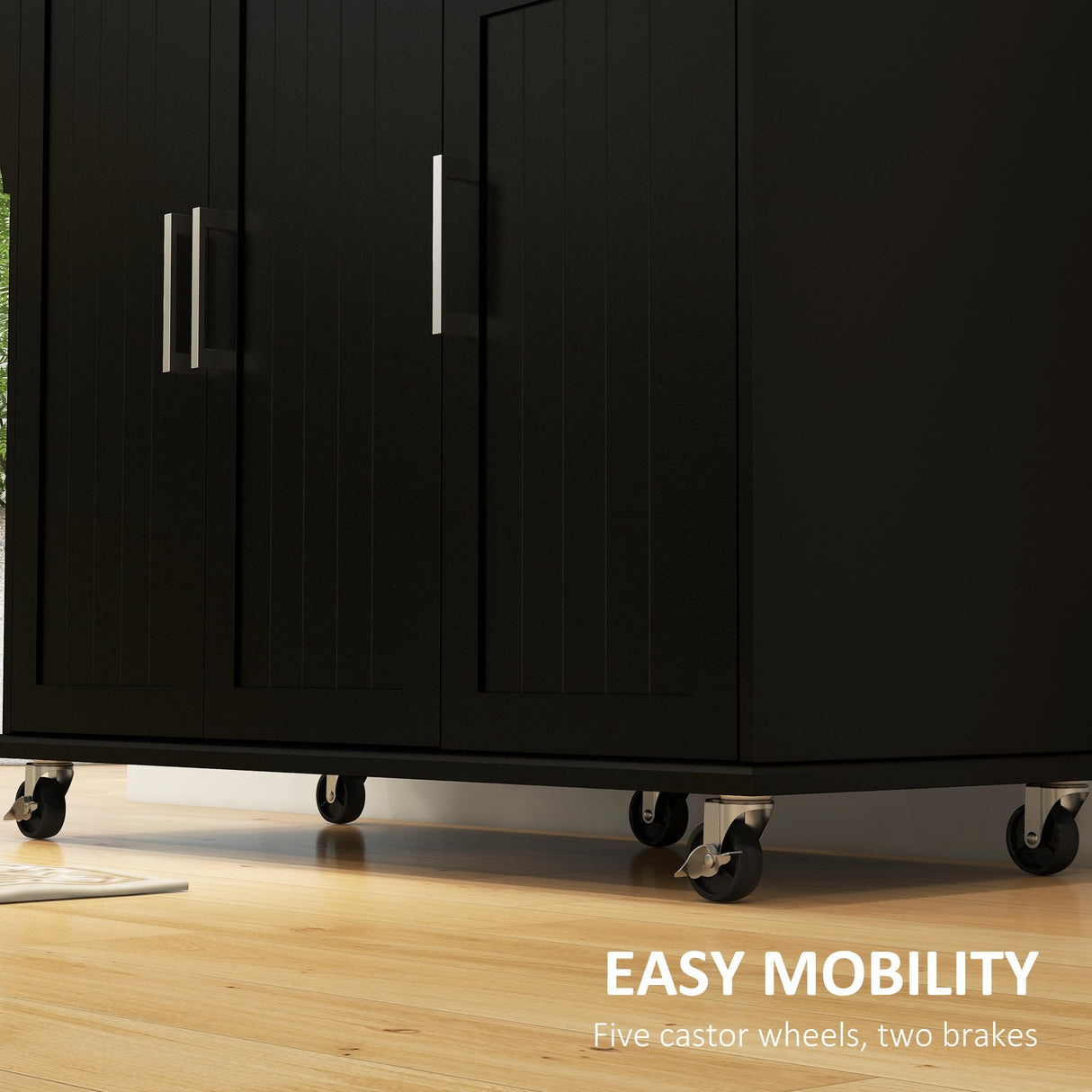 HOMCOM Kitchen Island with Storage, Rolling Kitchen Island on Wheels with Drawer, 3 Cabinets, Stainless Steel Countertop, Spice Rack and Towel Rack, Black HOMCOM