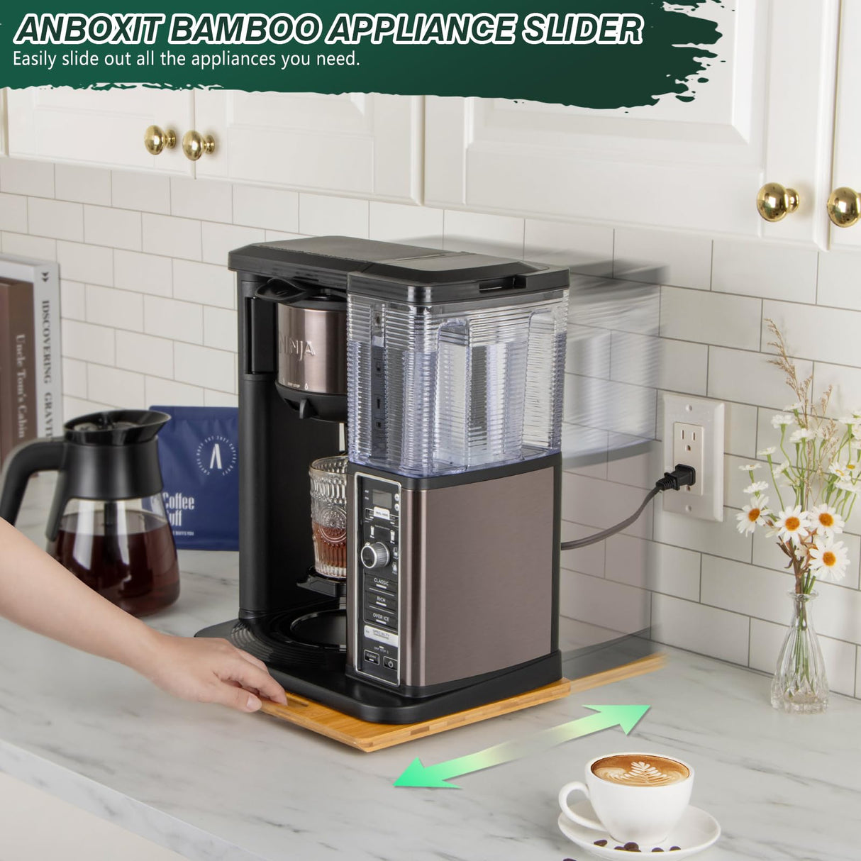 ANBOXIT Bamboo Appliance Slider, Sliding Tray for Coffee Maker, Kitchen Countertop Appliance Rolling Tray, Coffee Pot Slider Tray with Rubber Wheels, Wide - Small (10"D x 12"W) ANBOXIT