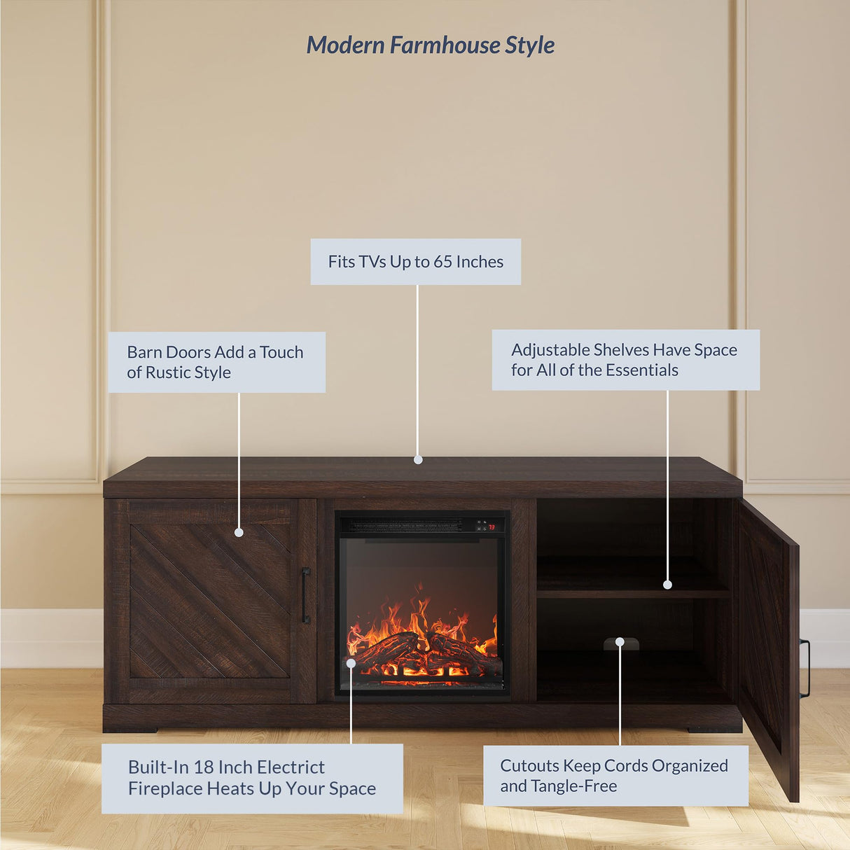 BELLEZE Modern 58" Farmhouse TV Stand with 18" Electric Fireplace Heater & Media Entertainment Center for TV up to 65", Console Table with Storage Cabinets - Hilo (Espresso) BELLEZE