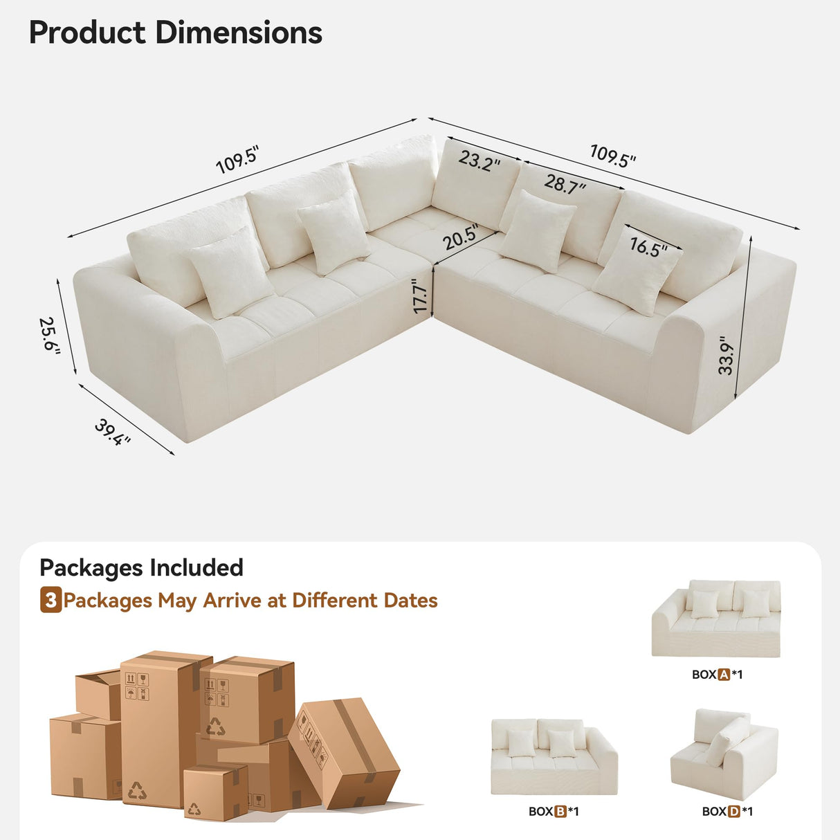 110''Modular Sectional Couches for Living Room, Cloud Boneless Compressed Sectional Sofa, Oversized L Shaped 5 Seater Upholstered Memory Foam Sofa, No Assembly, Chenille Beige WUTUTUEE