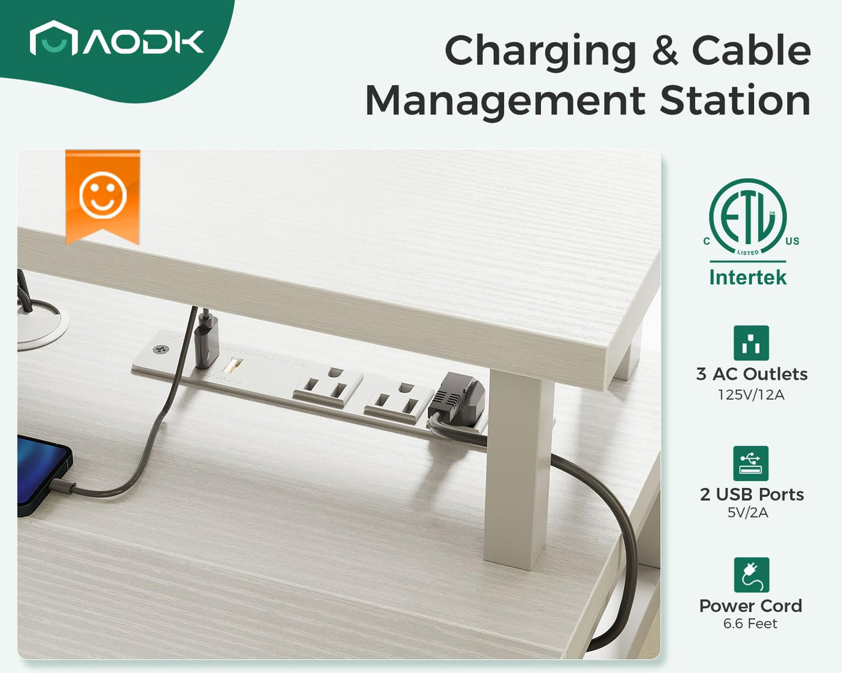 AODK Electric Standing Desk with Drawers, 47 Inch Height Adjustable Small Desk with Power Outlets & LED Lights, Sit Stand Table with Monitor Stand for Home, Office, Workstation, White AODK