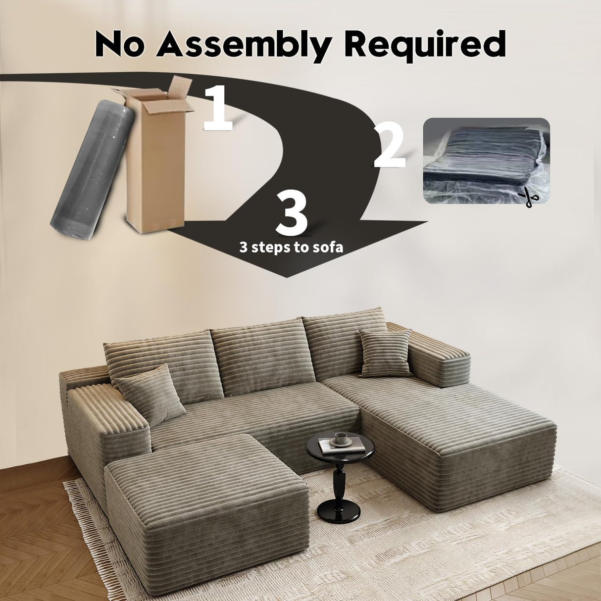 107.5"Cloud Modular Sectional Couch with 1 Ottoman,Modern Minimalist Upholstered Couches, Comfort U Shaped Sofa for Living Room,Deep Seat Corner Couch,No Assembly Required (Camel,Right Facing Chaise) Settab