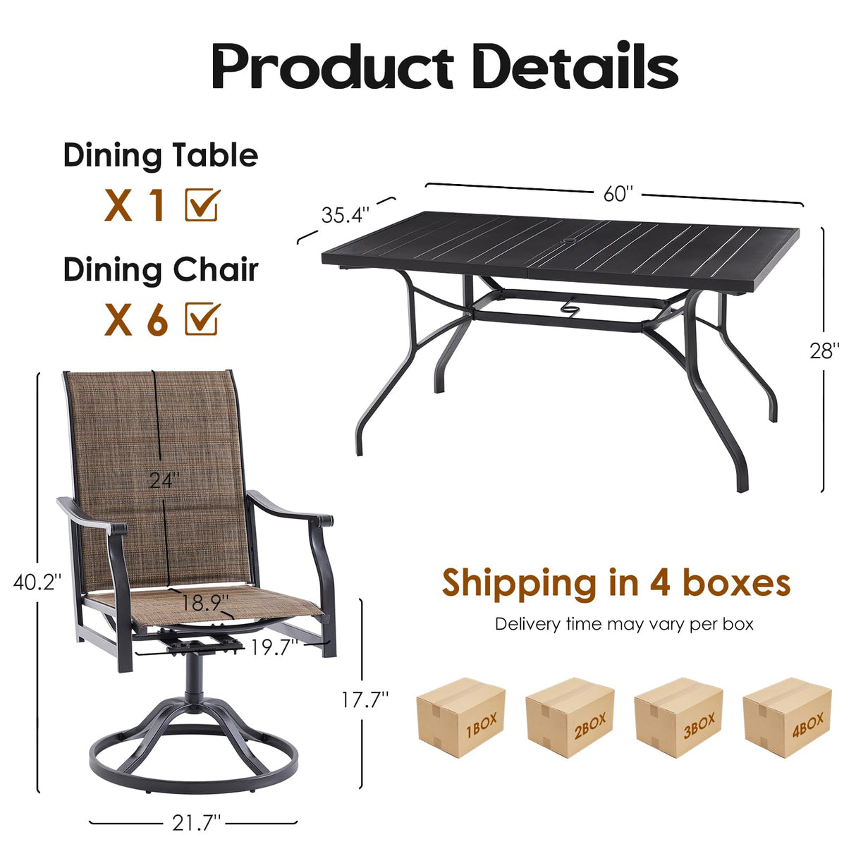 Soohow Patio Dining Set for 6, 7-Piece Outdoor Dining Table and Chairs Set, 6 x Swivel Outdoor Chairs with Paded Textilene and 60"x35" Patio Table with 1.57" Umbrella Hole for Poolside, Backyard Soohow
