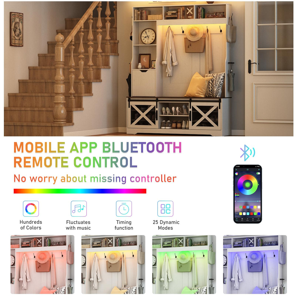 chartustriable 75''H LED Farmhouse Hall Tree with Bench and Shoe Storage,Entryway Bench with Coat Rack,16 Shoe Cubbies & Umbrella Holder and Sock Storage Drawer,Mudroom/Hallway Storage Cabinet(White) chartustriable