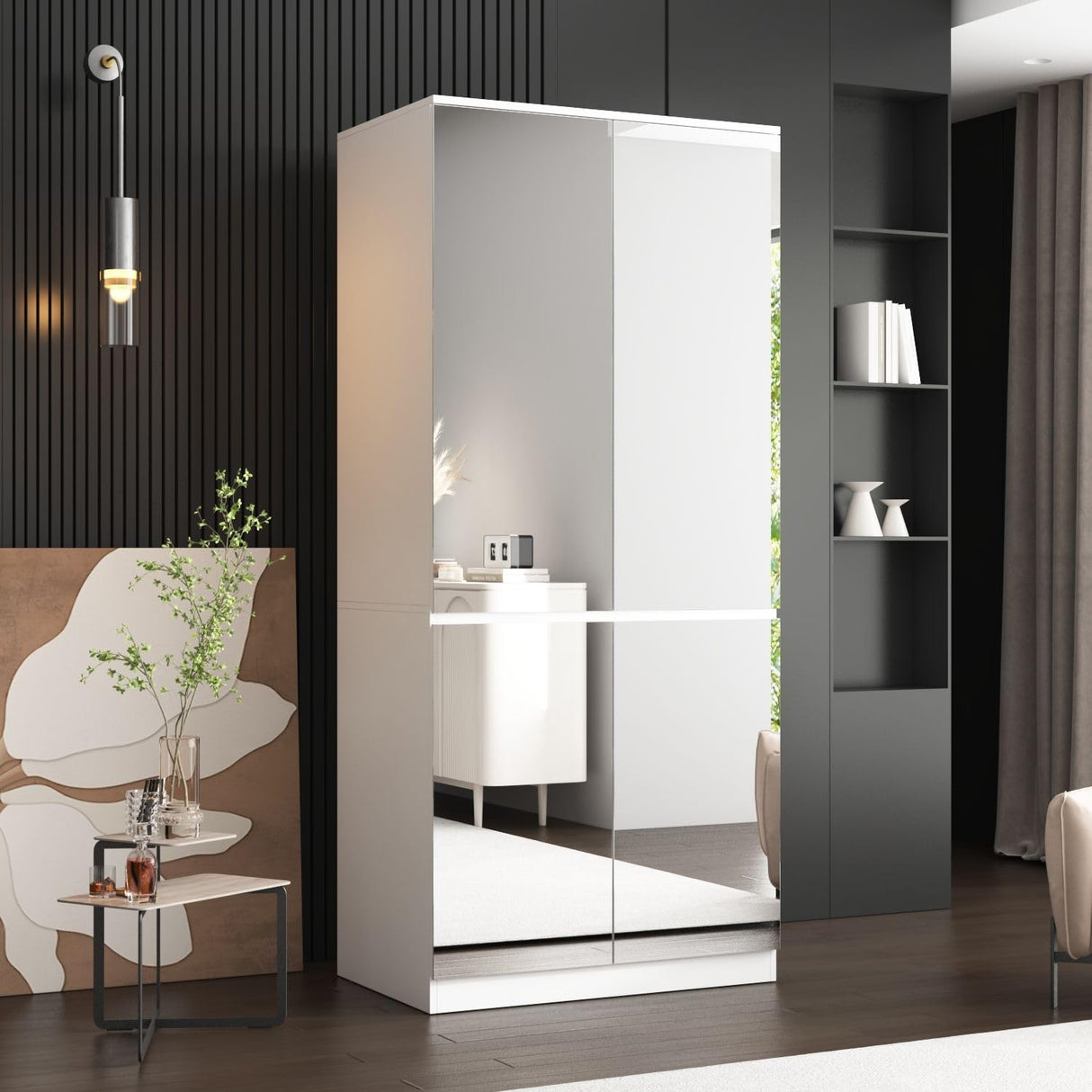 FAMAPY 4 Door Wardrobe Closet with Mirrors, Armoire Wardrobe Closet with Hanging Rod, Mirrored Armoire for Bedroom White (31.5”W x 15.7”D x 70.9”H) FAMAPY