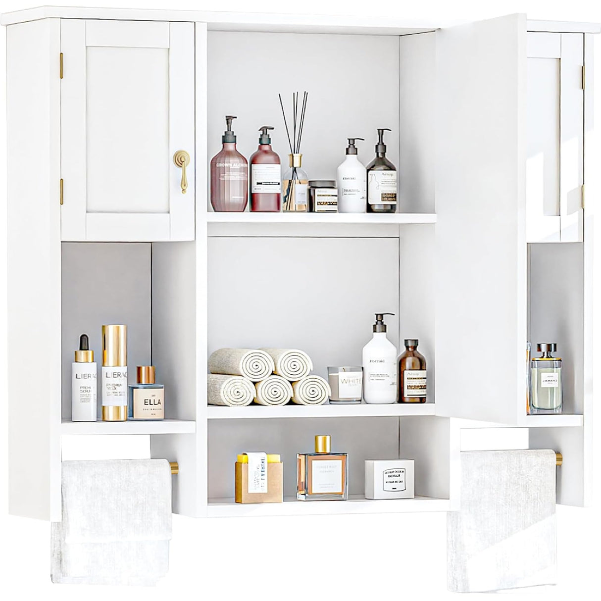 VECELO Bathroom Wall Cabinet with Mirror, Wall Mounted Medicine Cabinet with Open Shelves, 2 Towels Bars for Bathroom Laundry Room Kitchen, 35.04 * 7.09 Inches, Gold VECELO